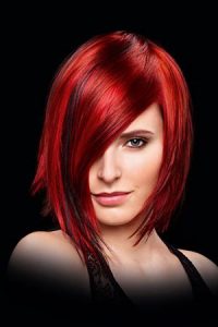 straight bob with amazing red hair colour at elements hair salon in surrey